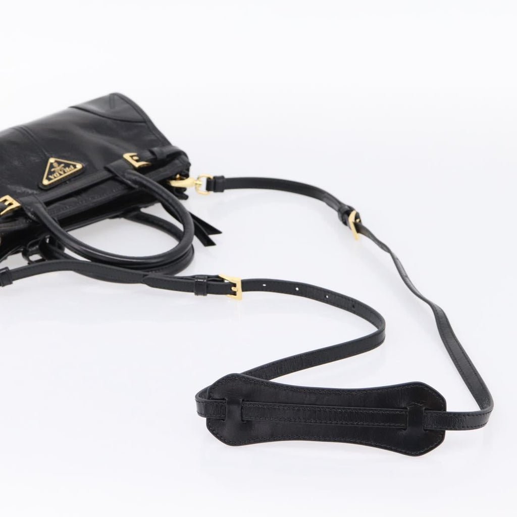 PRADA Bonnie Hand Bag Leather 2way Black Gold Auth BA15756SAM