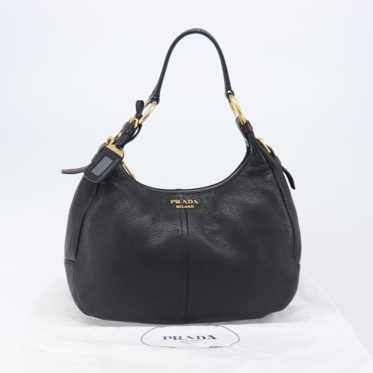PRADA Shoulder Bag Vittero Dino Leather Black Gold Auth BA15917V