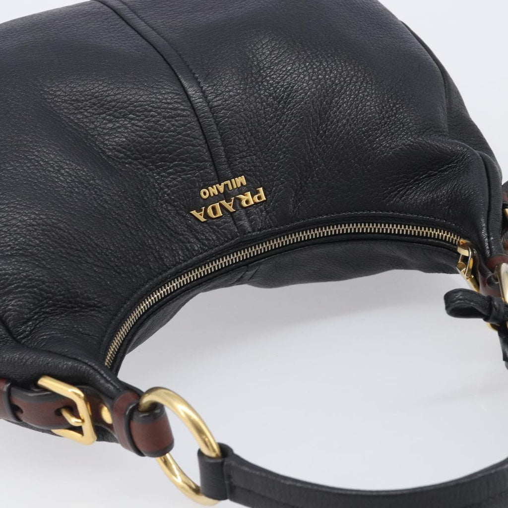 PRADA Shoulder Bag Vittero Dino Leather Black Gold Auth BA15917V