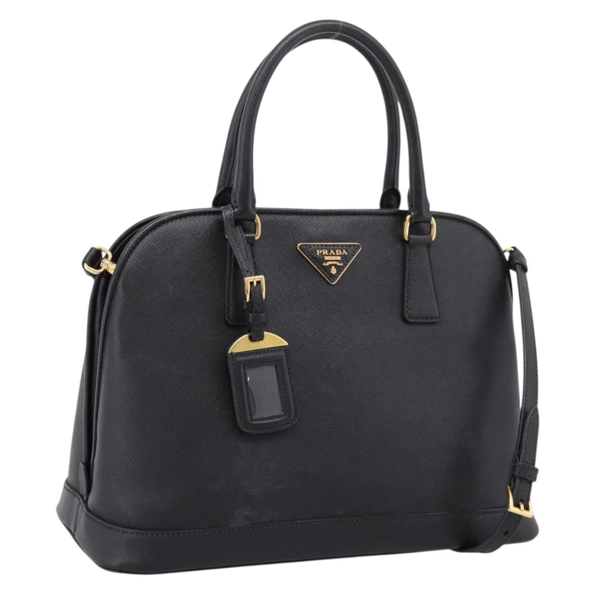 PRADA Hand Bag Safiano Leather 2way Black Gold Auth BA15919V