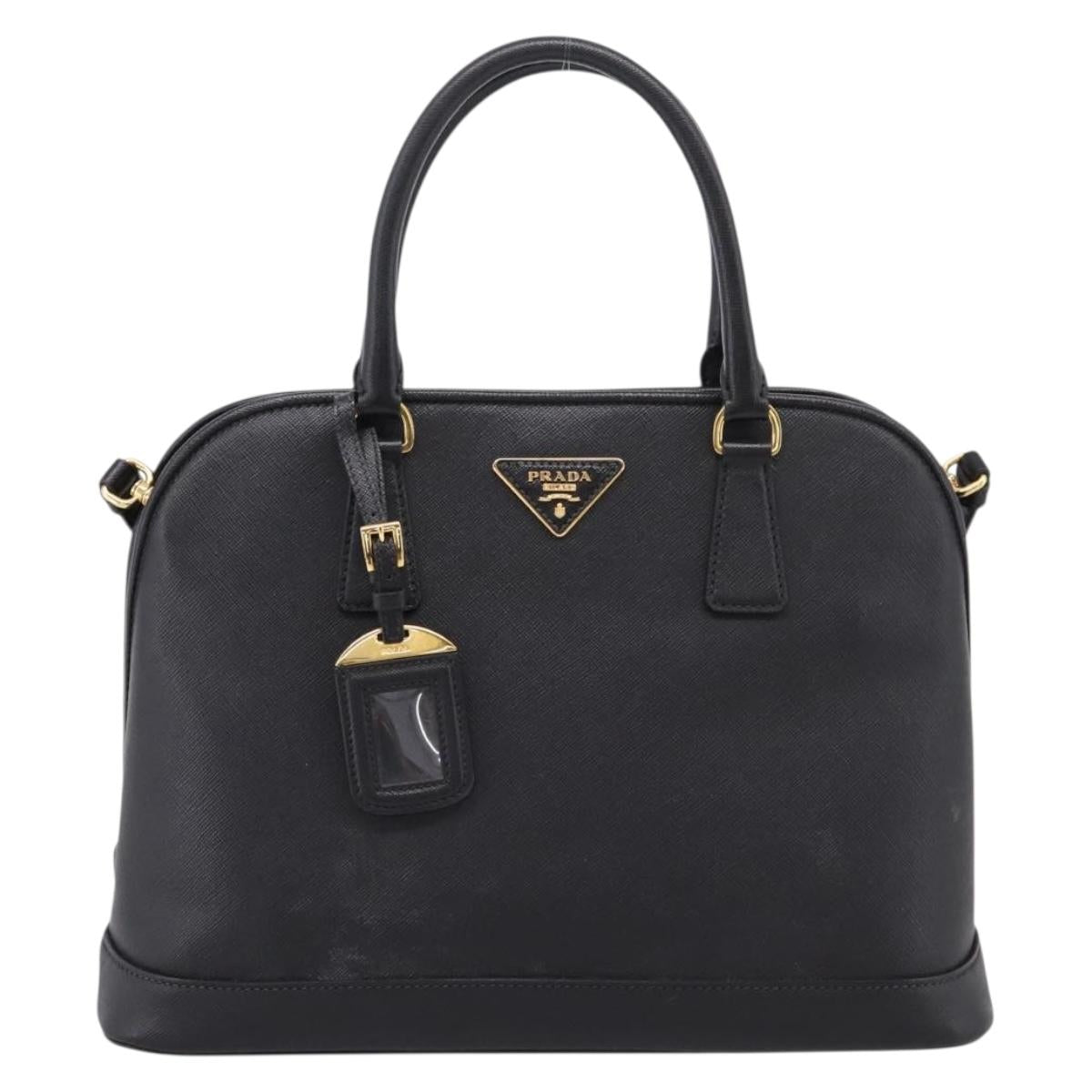 PRADA Hand Bag Safiano Leather 2way Black Gold Auth BA15919V