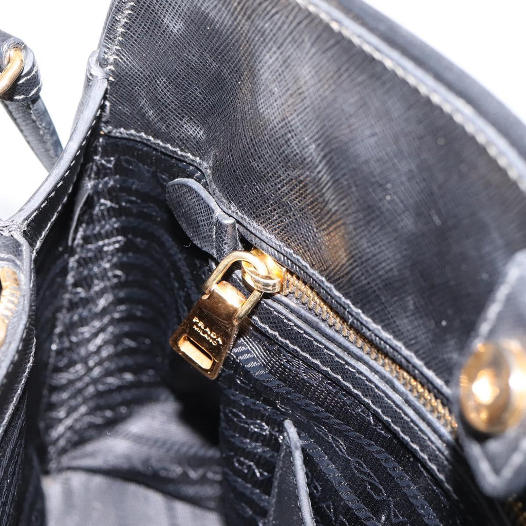 PRADA Hand Bag Safiano Leather 2way Black Gold Auth BA15919V