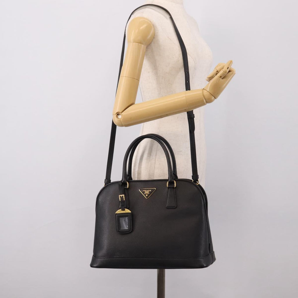 PRADA Hand Bag Safiano Leather 2way Black Gold Auth BA15919V