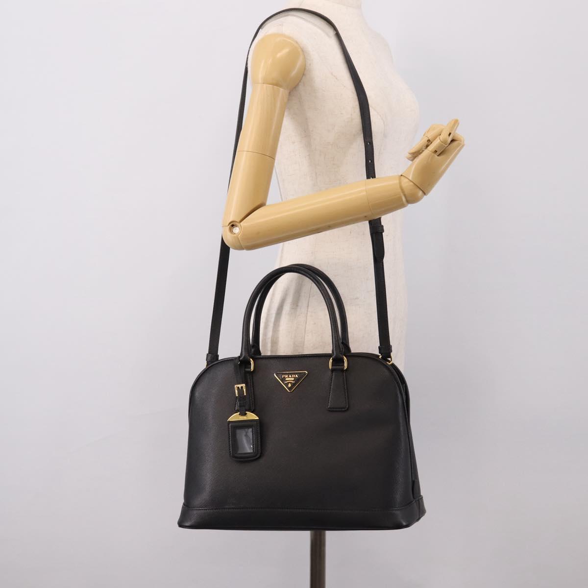 PRADA Hand Bag Safiano Leather 2way Black Gold Auth BA15919V