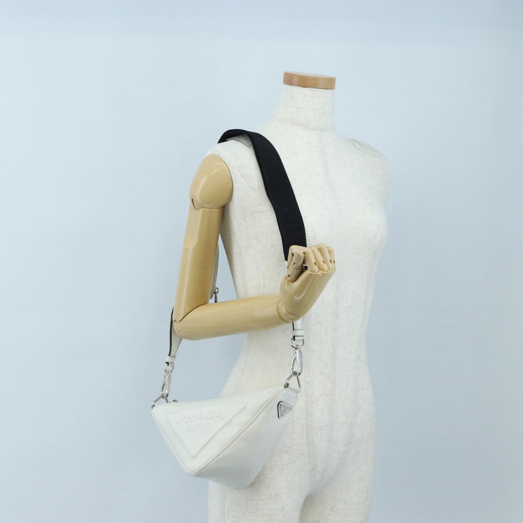 PRADA Shoulder Bag Leather White Silver Auth BA16048M