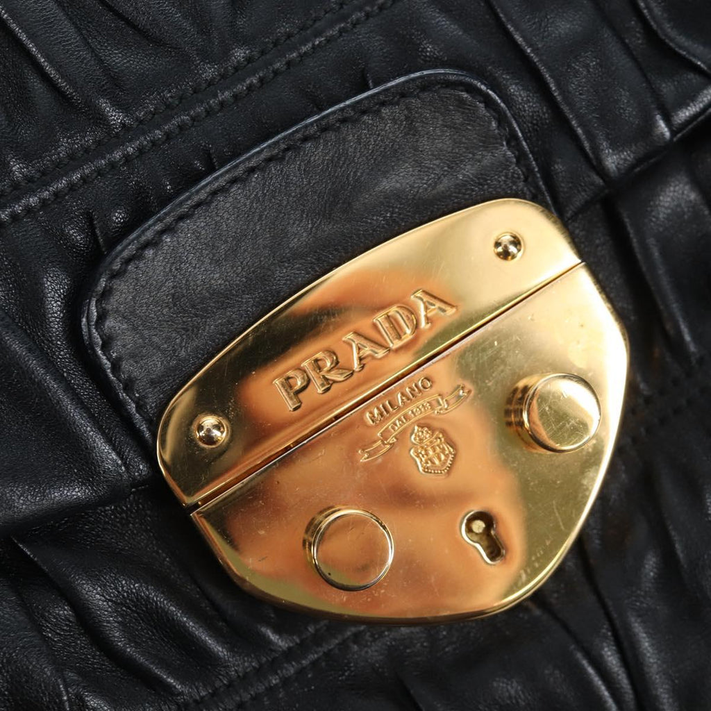 PRADA Gathered Tote Bag Leather Black Gold Auth BA16064SAV