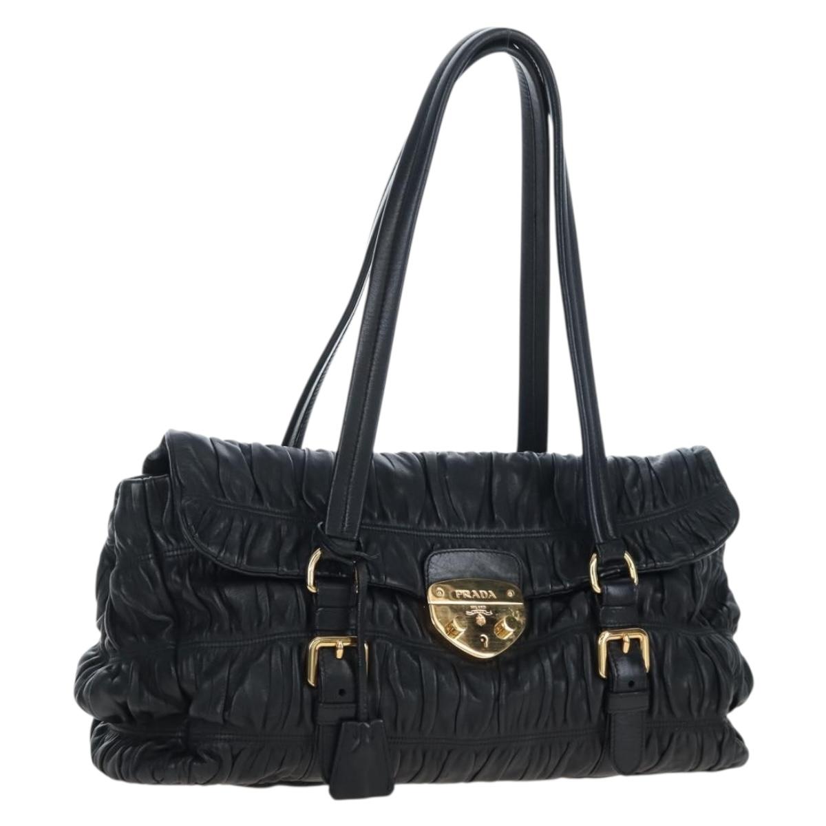 PRADA Gathered Tote Bag Leather Black Gold Auth BA16064SAV