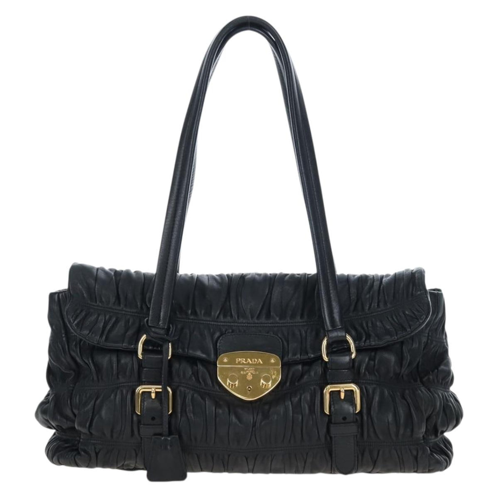 PRADA Gathered Tote Bag Leather Black Gold Auth BA16064SAV