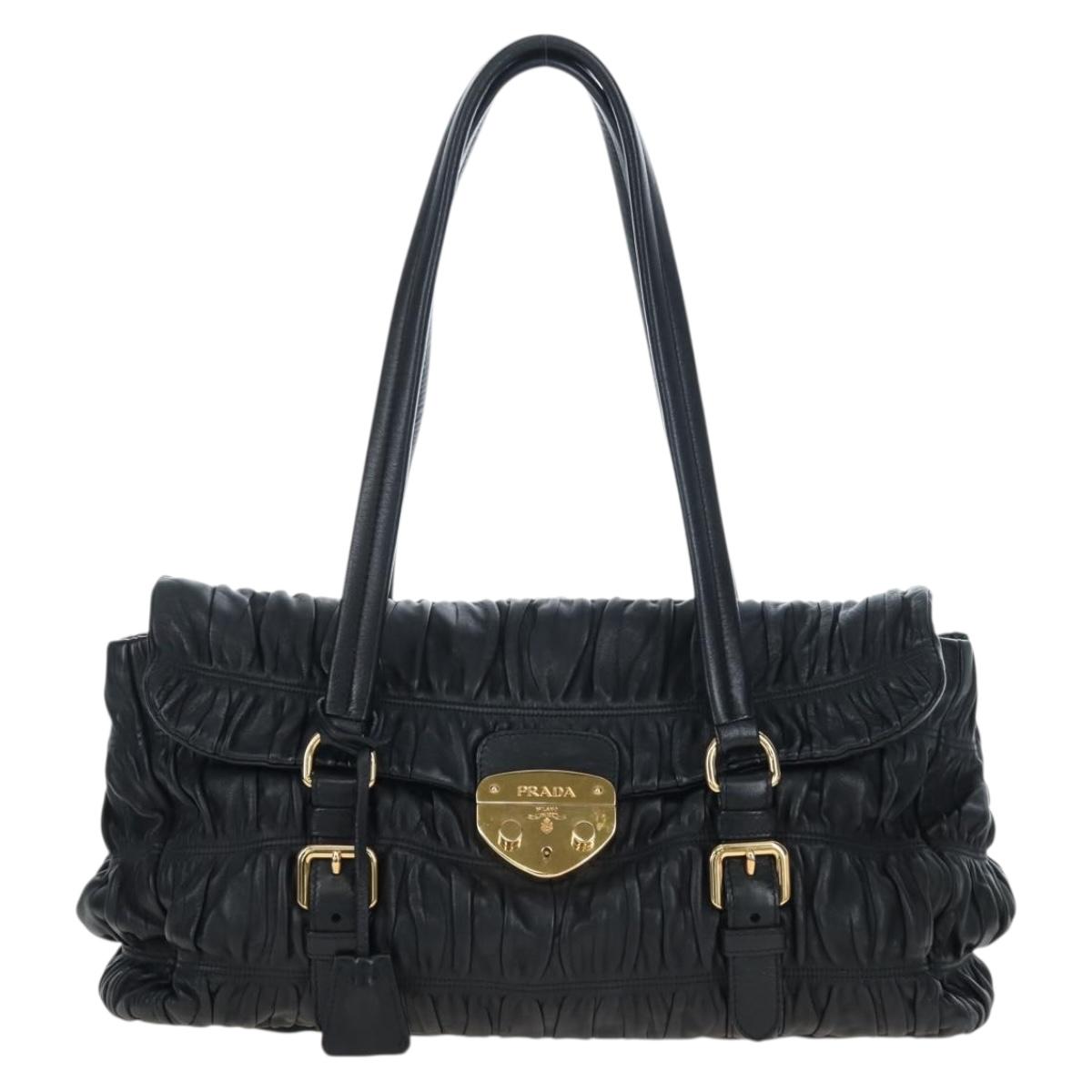 PRADA Gathered Tote Bag Leather Black Gold Auth BA16064SAV