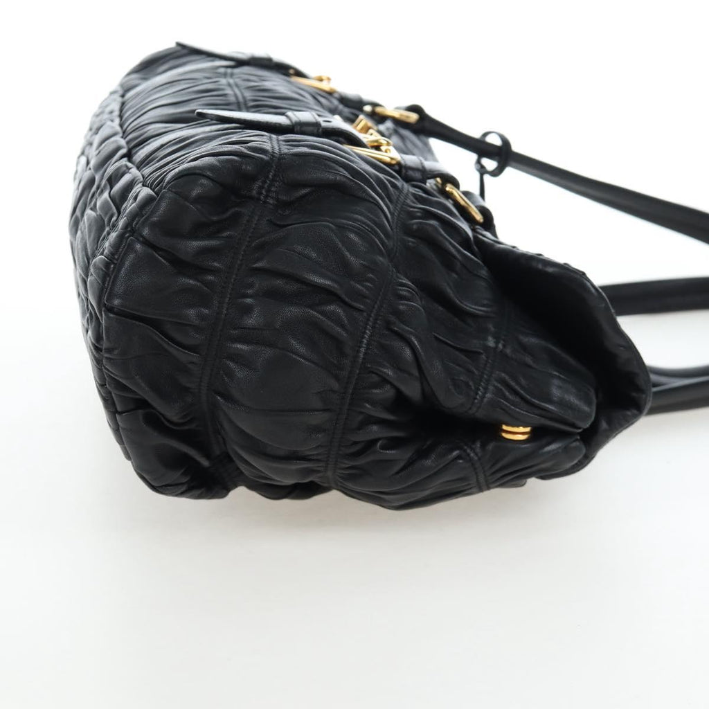 PRADA Gathered Tote Bag Leather Black Gold Auth BA16064SAV