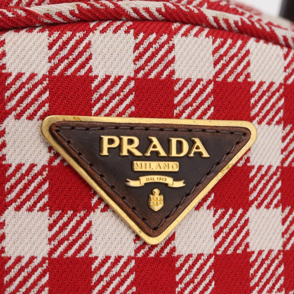 PRADA Hand Bag Canvas Red Gold Tone Auth BA16272V