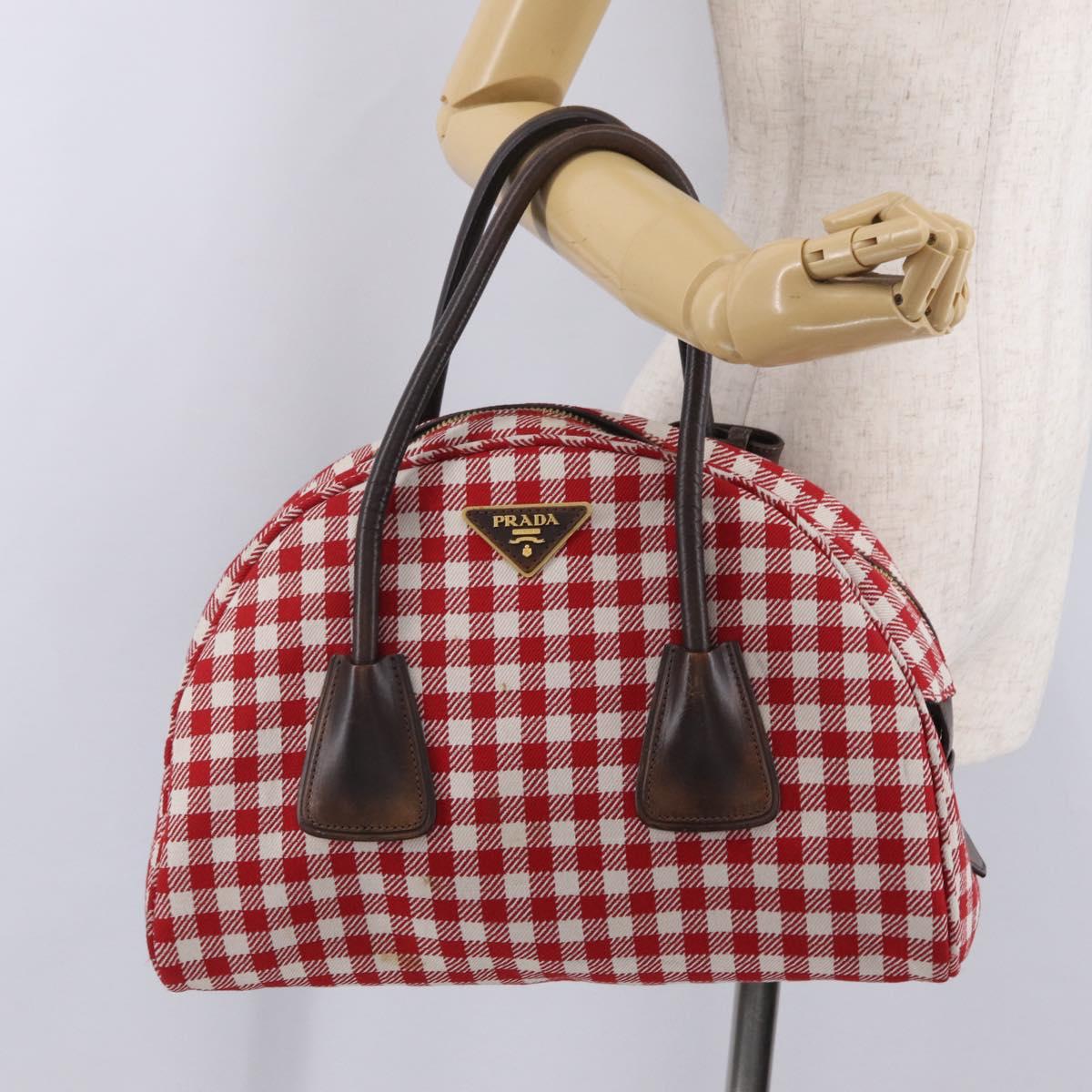 PRADA Hand Bag Canvas Red Gold Tone Auth BA16272V