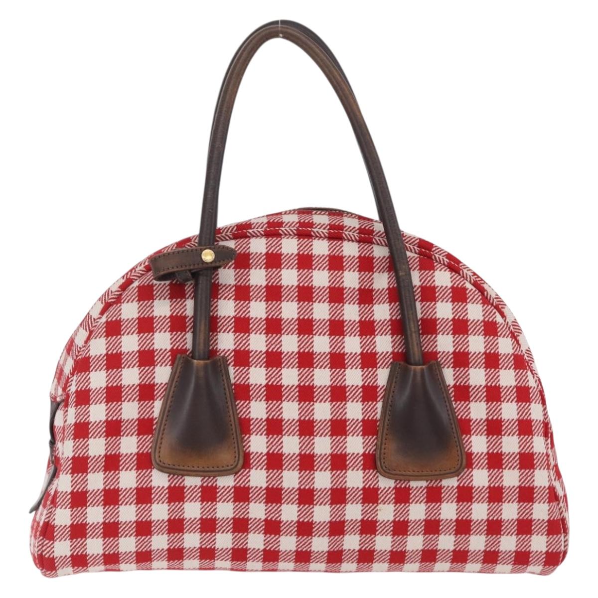 PRADA Hand Bag Canvas Red Gold Tone Auth BA16272V