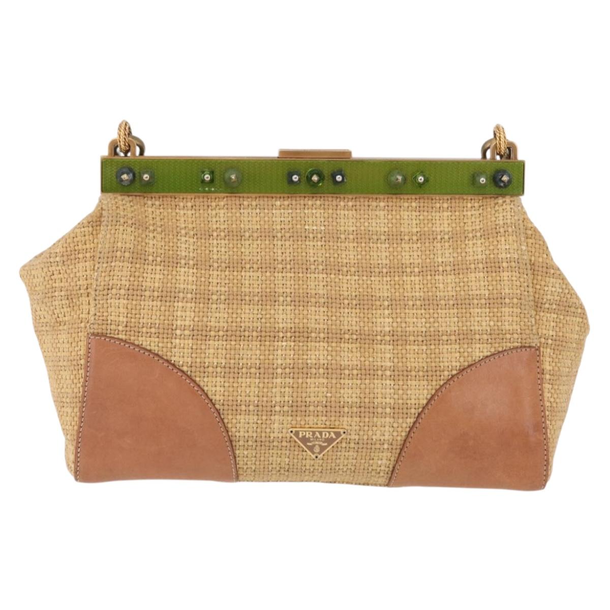 PRADA Chain Shoulder Bag Raffia Beige Gold Tone Auth BA16338V