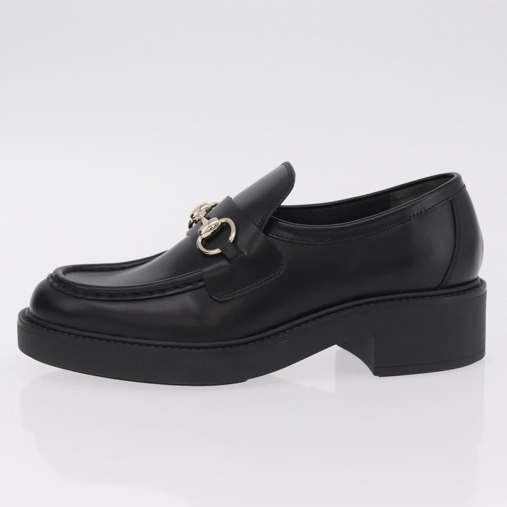 GUCCI Horsebit loafers Leather 37 1/2 Black Silver Auth BA16654M
