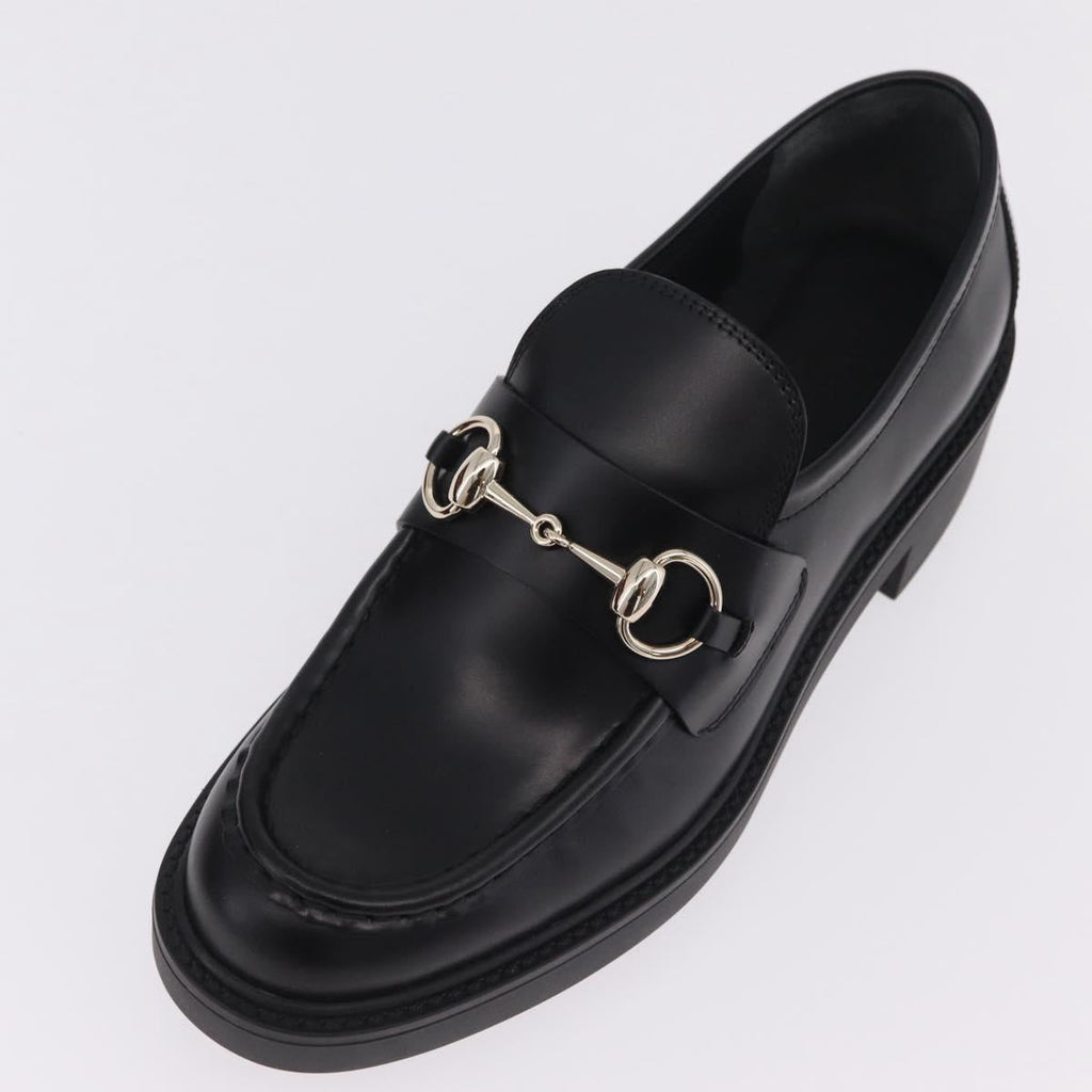 GUCCI Horsebit loafers Leather 37 1/2 Black Silver Auth BA16654M