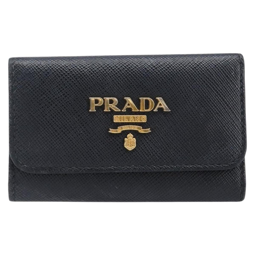 PRADA Key Case Safiano Leather Navy Gold Auth bs36879