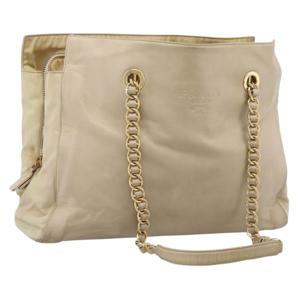 PRADA Chain Tote Bag Leather Beige Gold Auth bs37400