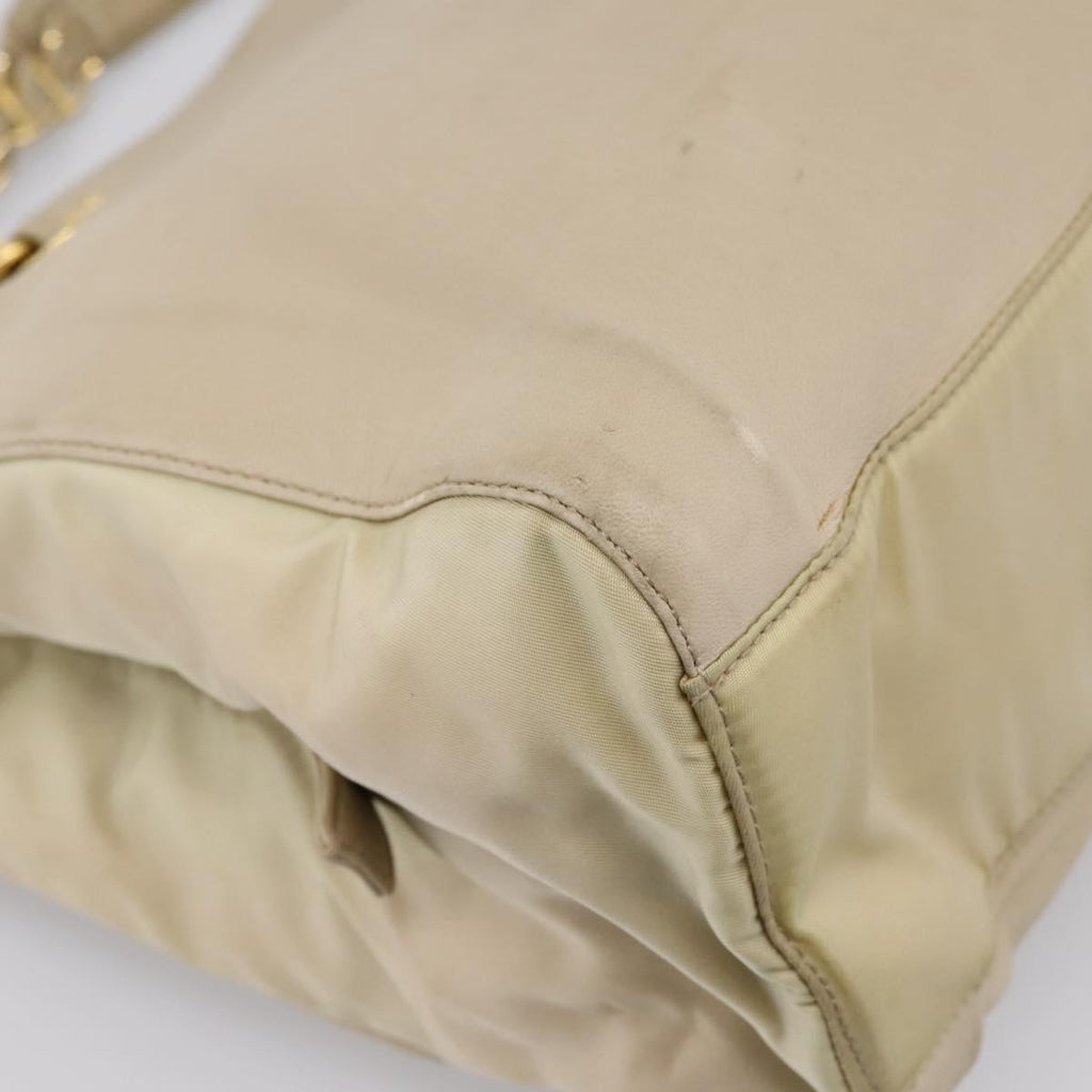 PRADA Chain Tote Bag Leather Beige Gold Auth bs37400