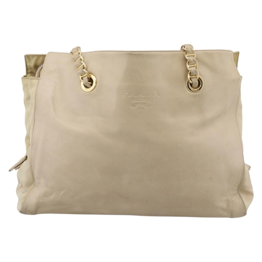 PRADA Chain Tote Bag Leather Beige Gold Auth bs37400