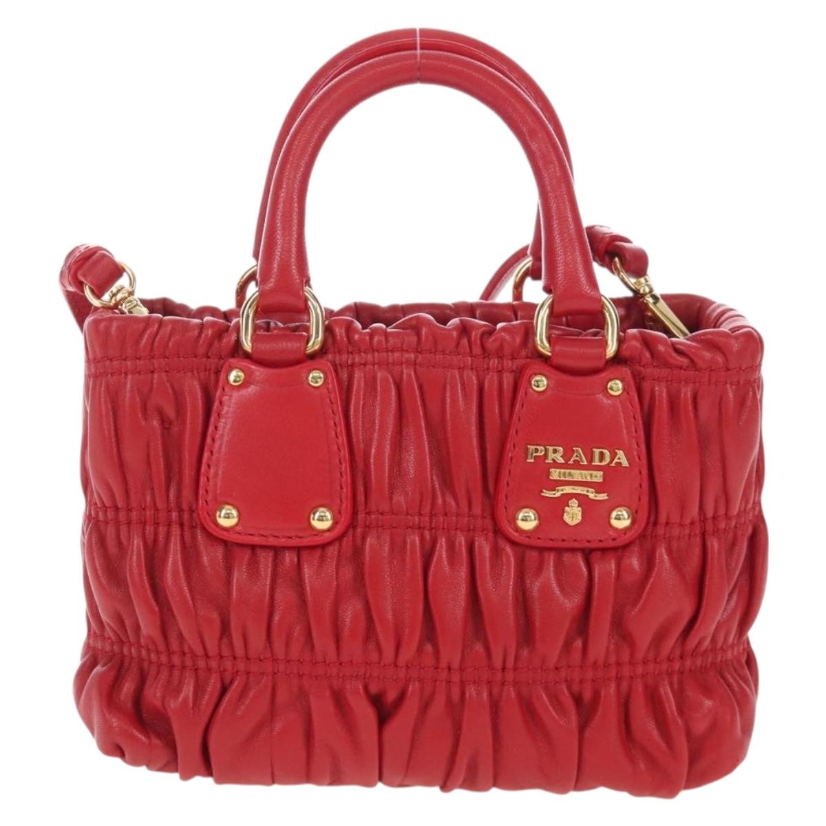 PRADA Hand Bag Leather 2way Red Gold Auth bs37504V