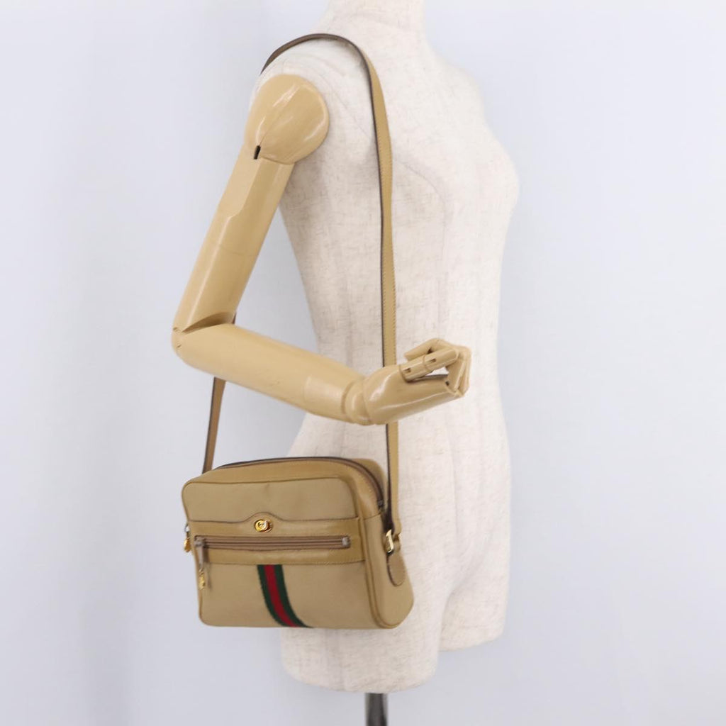 GUCCI Web Sherry Line Shoulder Bag Canvas Beige Gold Tone 010 378 Auth bs37760
