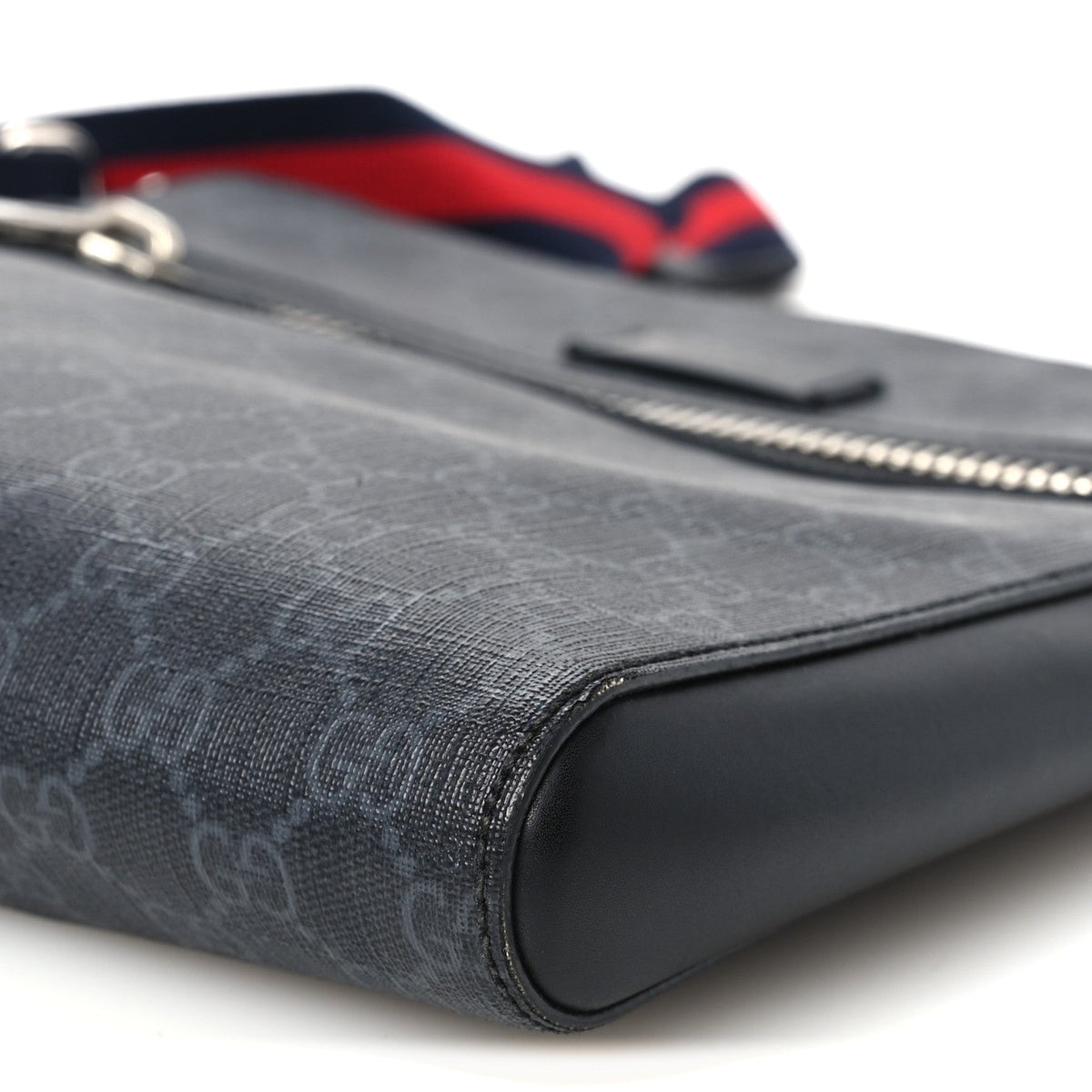 GG Supreme Monogram Appia Calfskin Web Flat Messenger Bag Black Grey