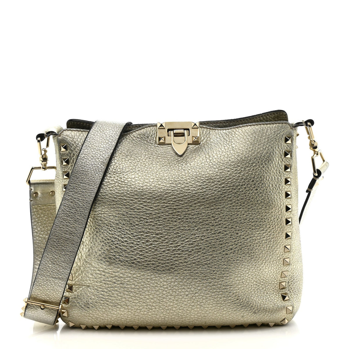 Metallic Pebbled Calfskin Small Rockstud Flip-Lock Messenger Bag Platino