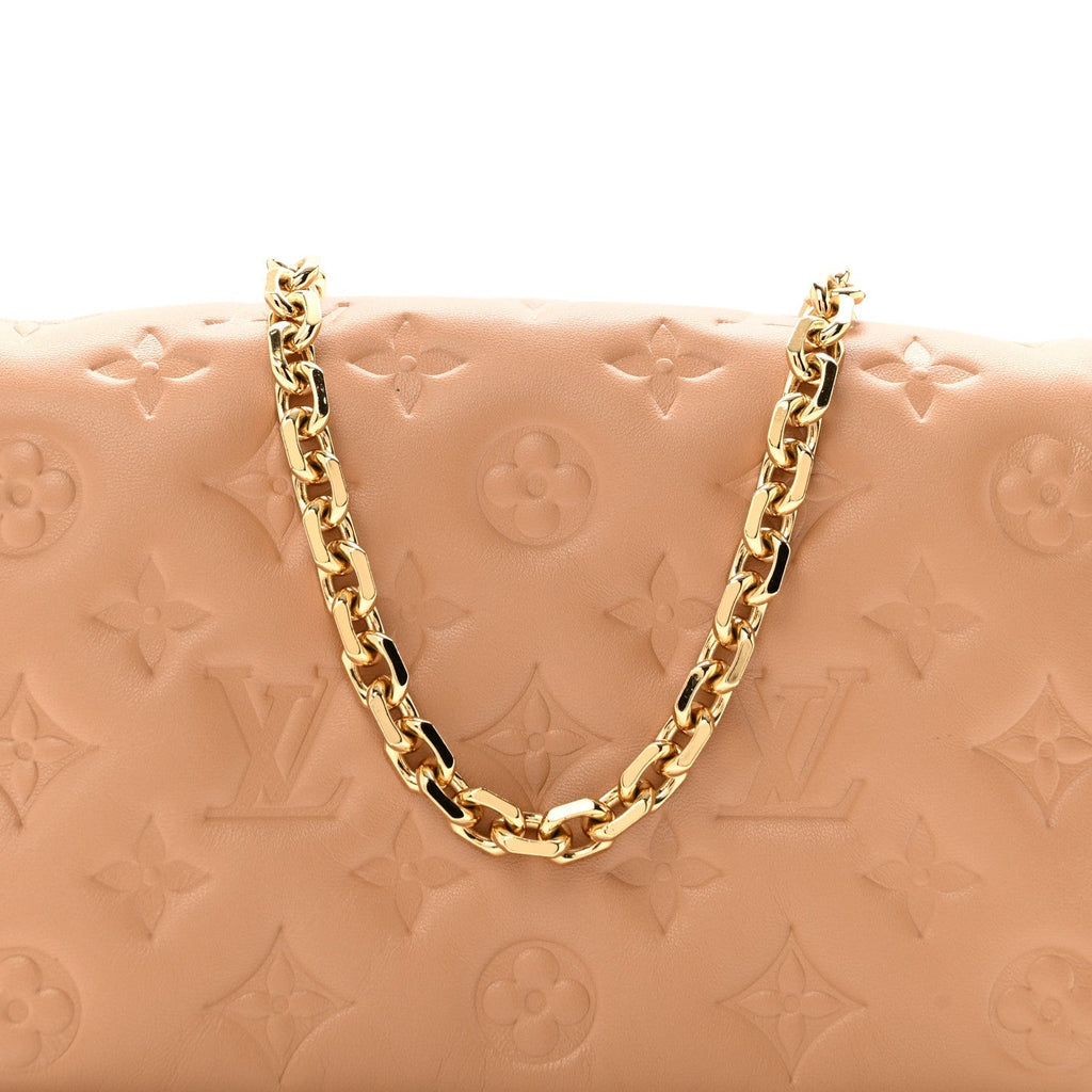 Lambskin Embossed Monogram Pochette Coussin Camel