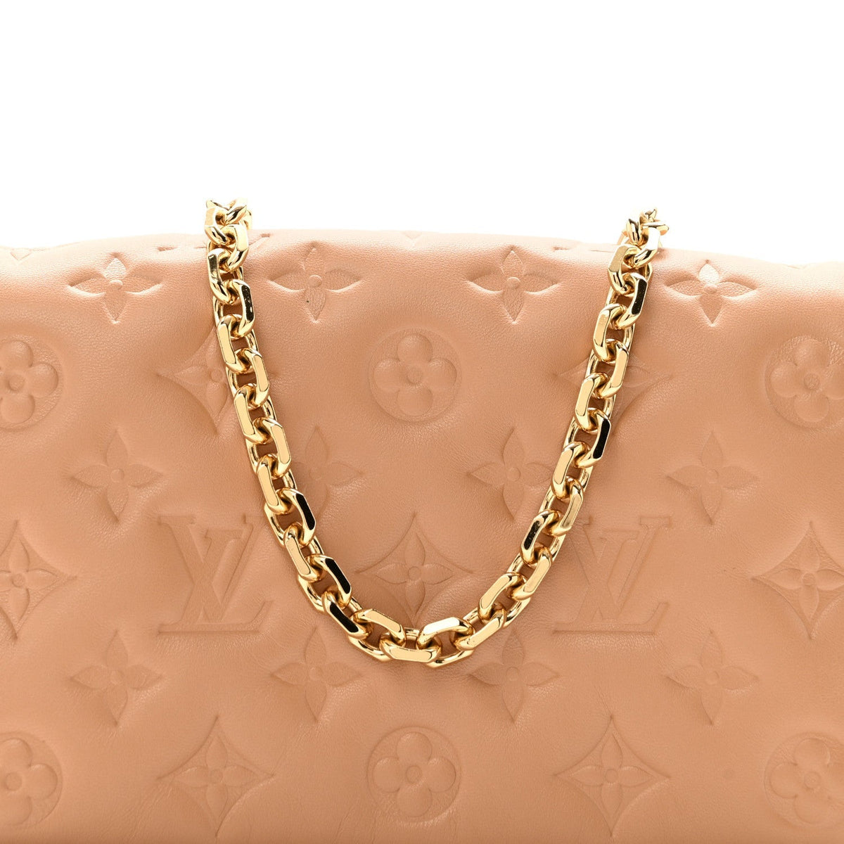 Lambskin Embossed Monogram Pochette Coussin Camel