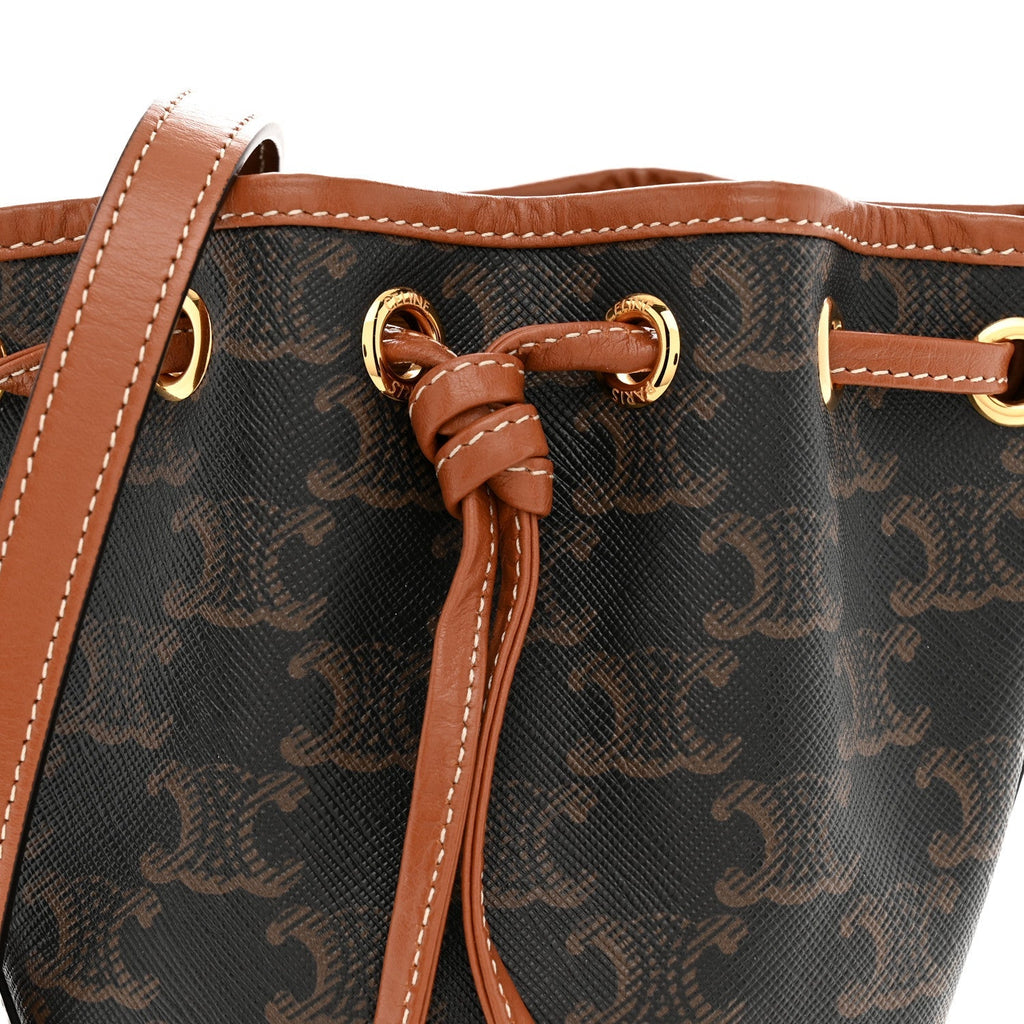 Triomphe Canvas Calfskin Micro Drawstring Bucket Bag Tan