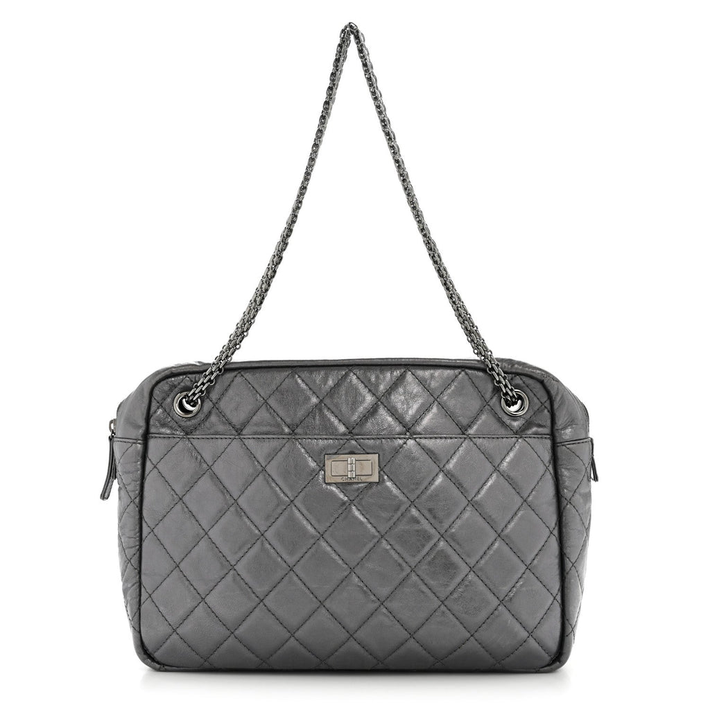Metallic Aged Calfskin Quilted Large Reissue Camera Case Silver