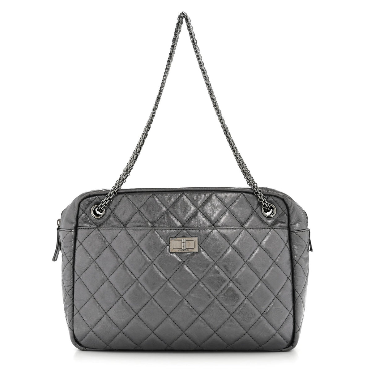 Metallic Aged Calfskin Quilted Large Reissue Camera Case Silver