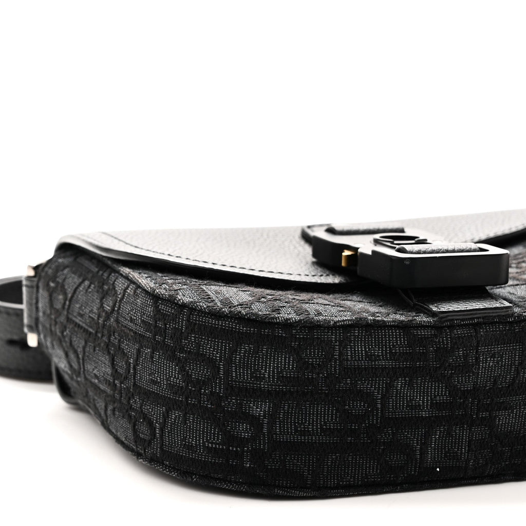 Oblique Jacquard Grained Calfskin Mini Saddle Messenger Bag With Flap Black