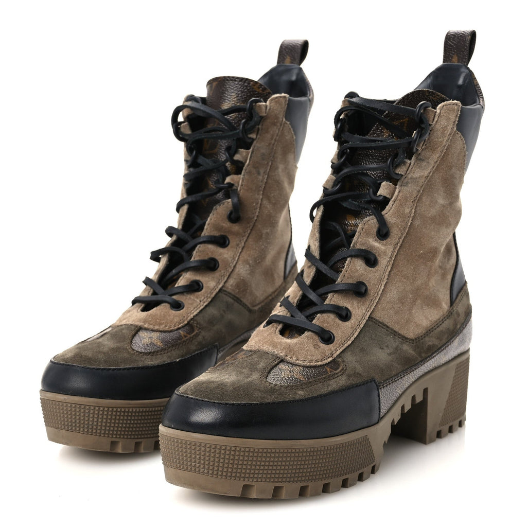 Suede Calfskin Monogram Laureate Platform Desert Boots 39.5 Taupe