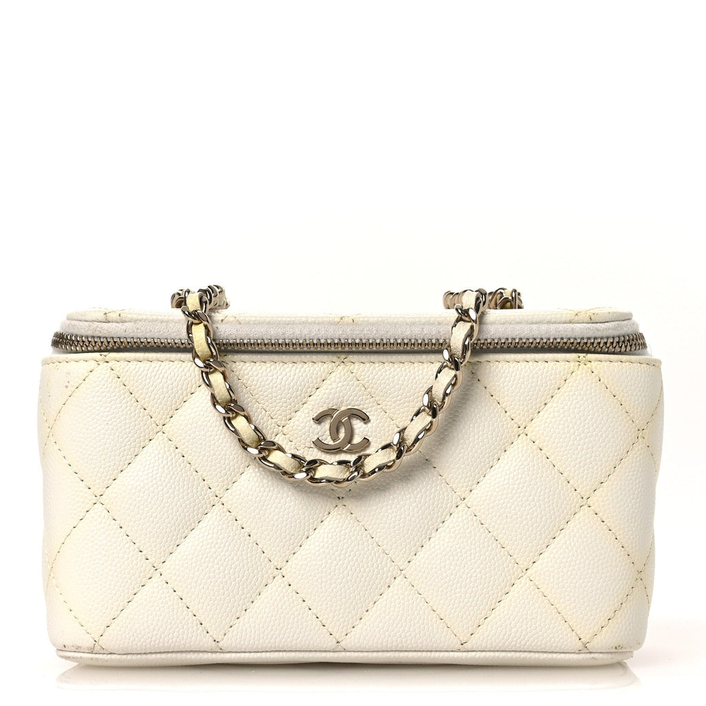 Caviar Quilted Small Vanity Case With Chain White