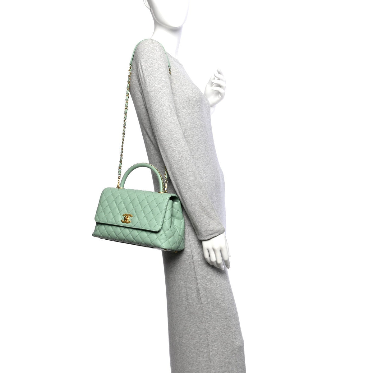 Caviar Quilted Small Coco Chain Handle Flap Light Green