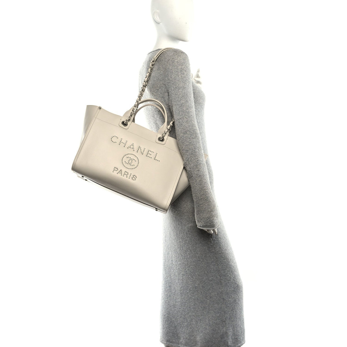 Caviar Medium Studded Deauville Tote Ivory
