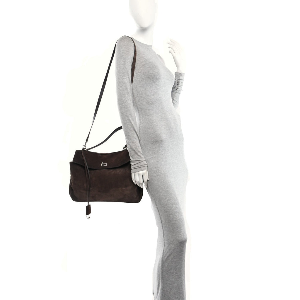Waxed Suede Calfskin Medium Rodeo Top Handle Handbag Light Espresso