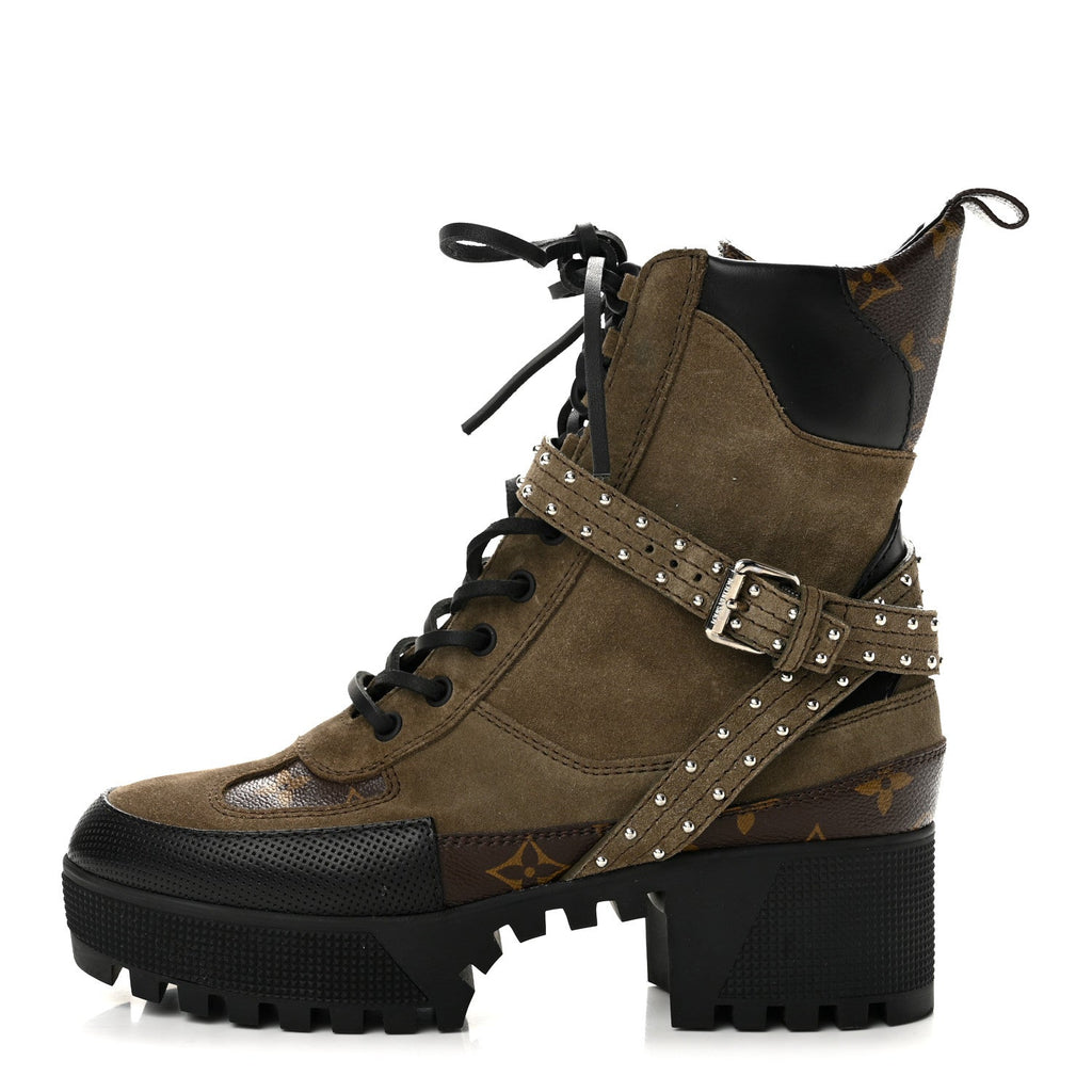Suede Calfskin Monogram Laureate Platform Desert Boots 38 Kaki