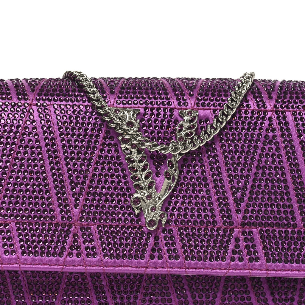 Satin Crystal Virtus Chain Clutch Purple