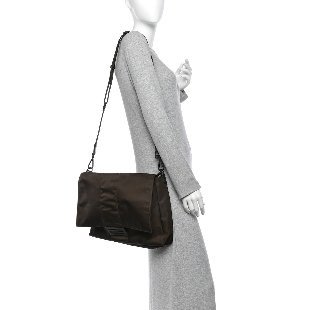 Econyl Nylon Cuoio Romano Monochrome Large Baguette Messenger Bag Ebano