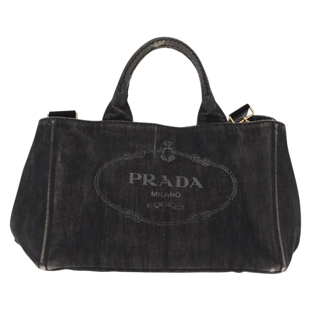 PRADA Canapa MM Hand Bag Canvas 2way Black Gold Auth ep16090
