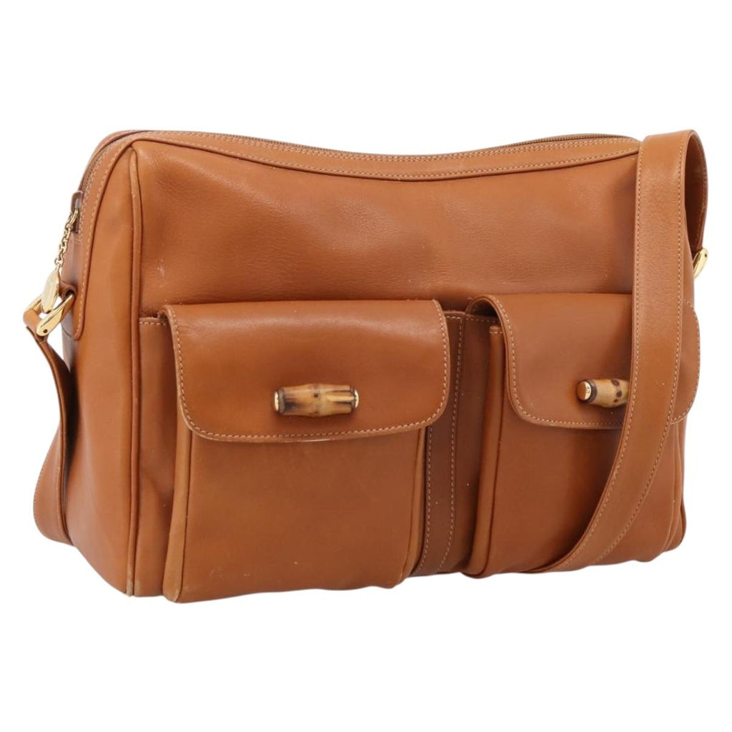 GUCCI Bamboo Shoulder Bag Leather Brown Gold Auth ep16426