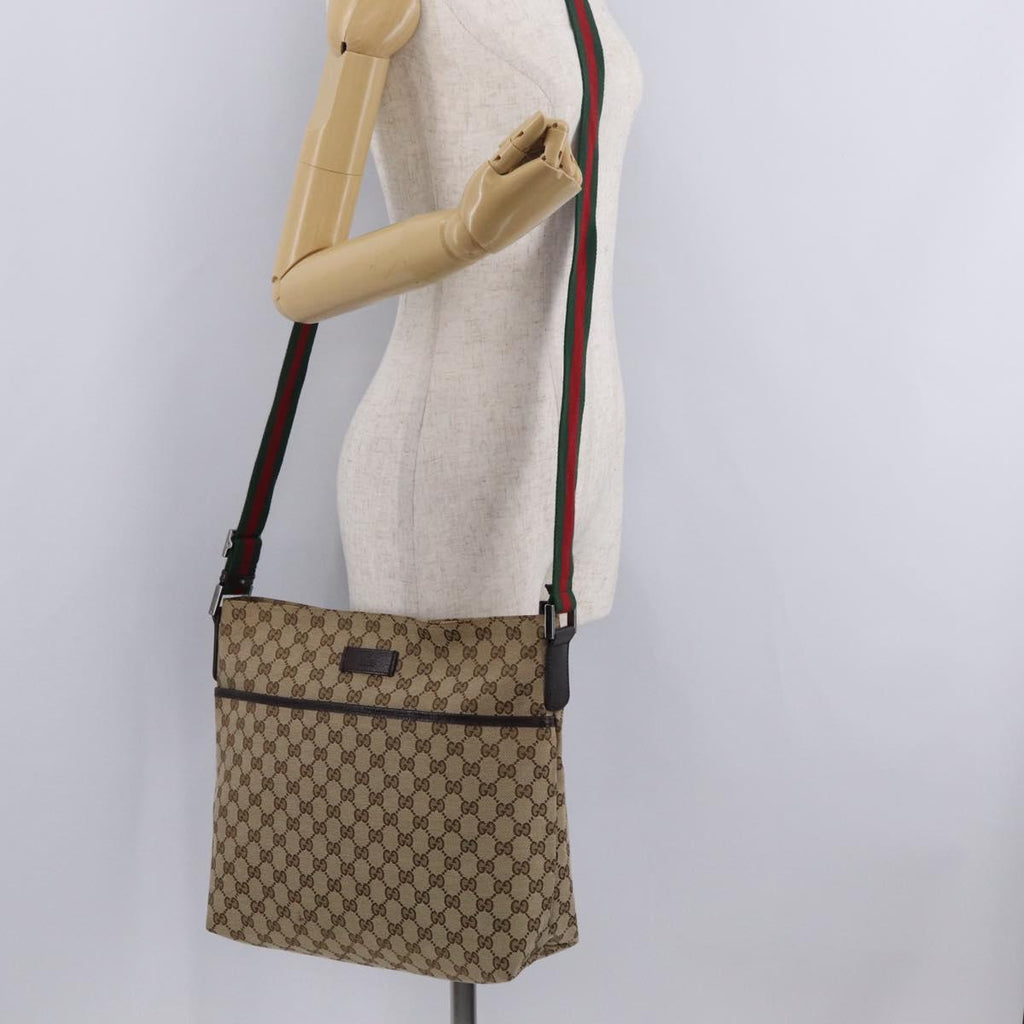GUCCI GG Canvas Web Sherry Line Shoulder Bag Beige Silver 189751 Auth ep16629V