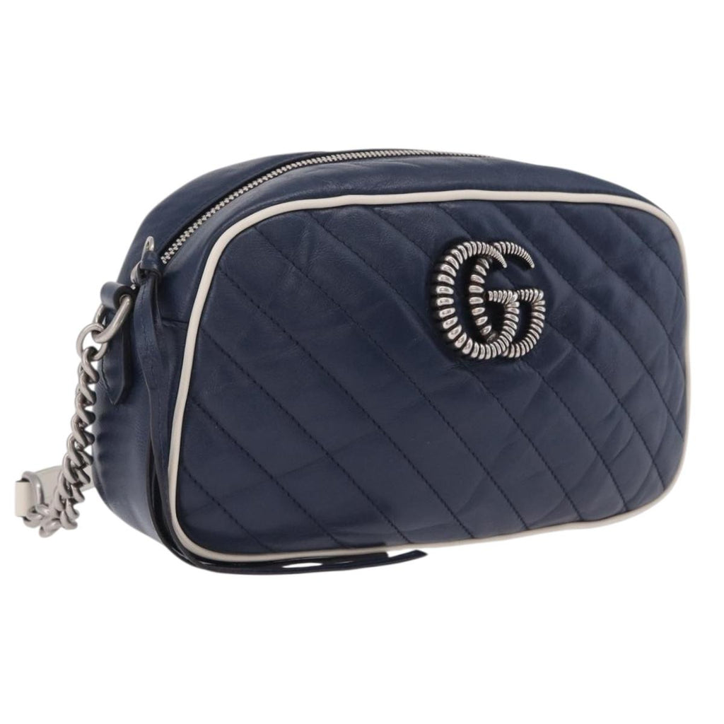 GUCCI GG Marmont Chain Shoulder Bag Leather Navy Silver 447632 Auth ep16640V