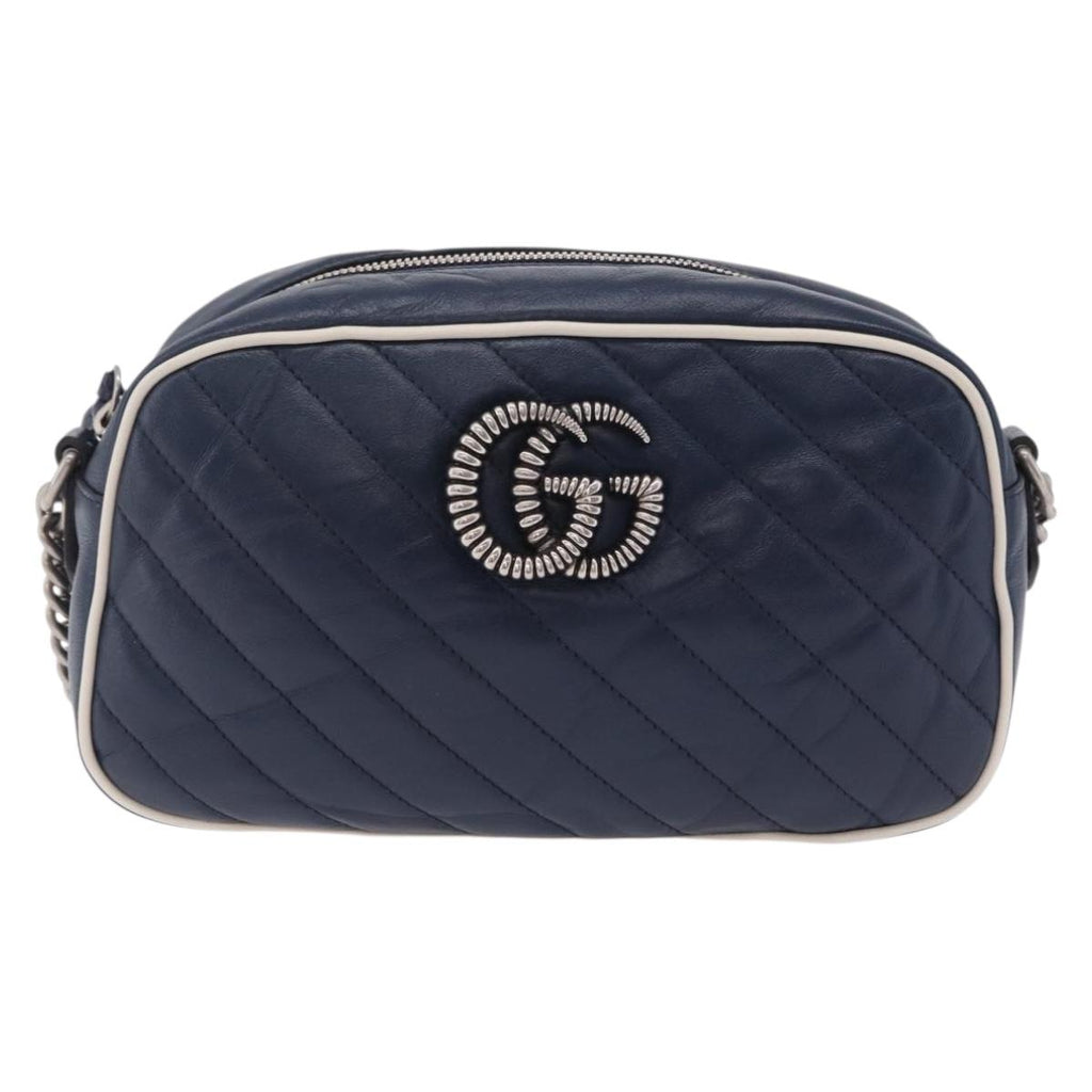 GUCCI GG Marmont Chain Shoulder Bag Leather Navy Silver 447632 Auth ep16640V