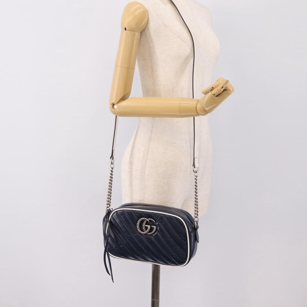 GUCCI GG Marmont Chain Shoulder Bag Leather Navy Silver 447632 Auth ep16656V