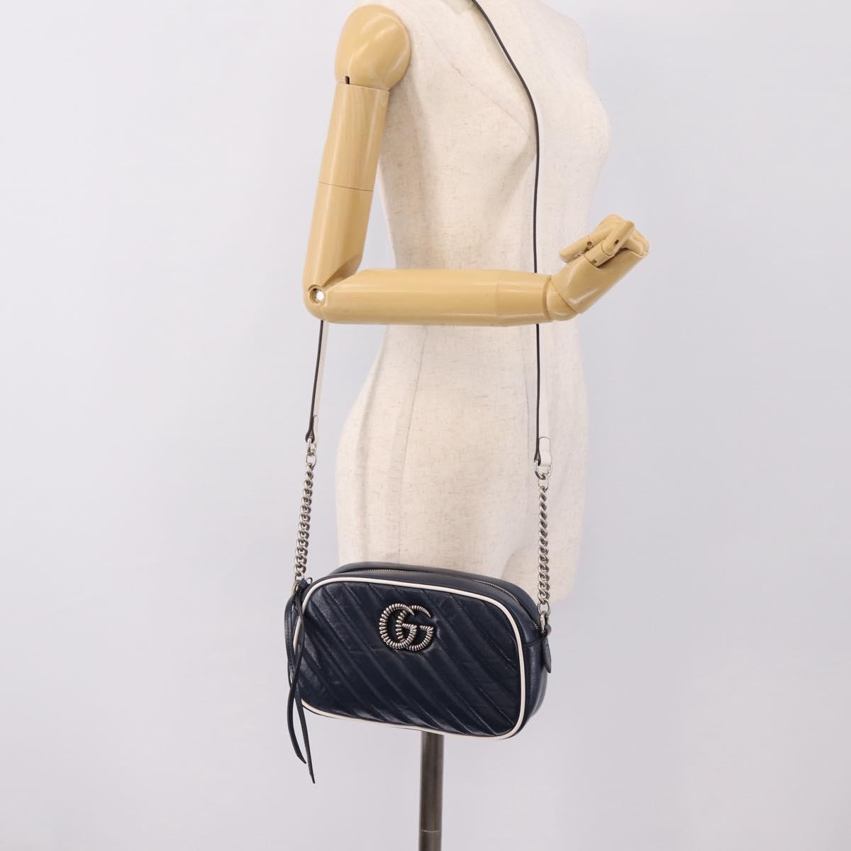 GUCCI GG Marmont Chain Shoulder Bag Leather Navy Silver 447632 Auth ep16656V