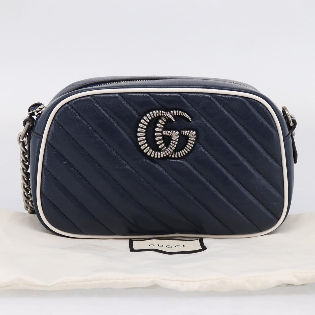 GUCCI GG Marmont Chain Shoulder Bag Leather Navy Silver 447632 Auth ep16656V